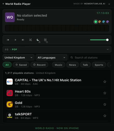 The station list filtered to one country, each row carrying its own coloured identity tile with the station's initials or its real logo.