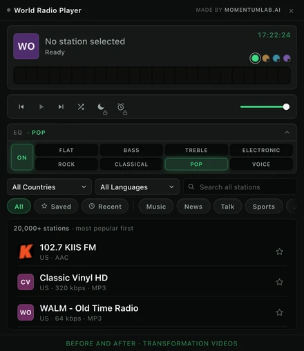 The equalizer bank expanded inside the extension, showing a power key and eight presets laid out as a four by two grid with POP engaged in phosphor green.