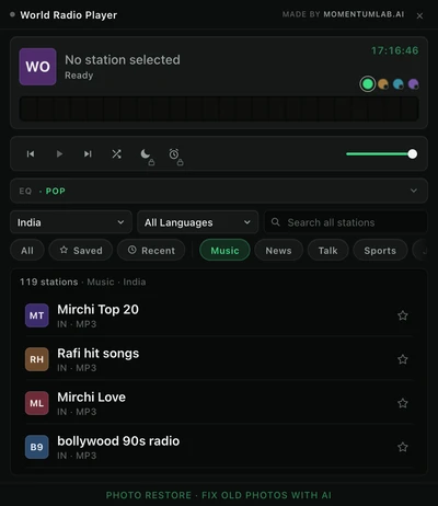 The extension filtered to one country and one shelf, with the count line above the list stating how many playable stations that combination has.