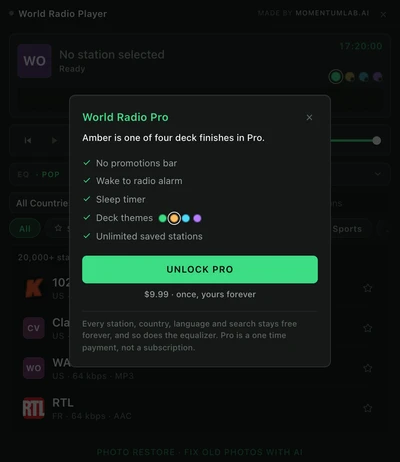 The World Radio Pro panel inside the extension listing no promotions bar, wake to radio alarm, sleep timer, deck themes and unlimited saved stations, with an Unlock Pro button and the line $9.99 once, yours forever.