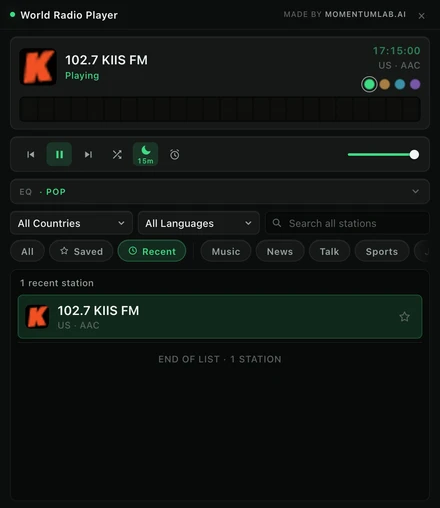 The Recent view listing the last stations that actually started playing, newest first.