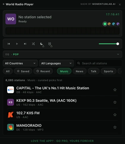 The Music shelf open across all countries, with curated picks at the top of the station list and the chip rail showing All, Saved, Recent, Music, News, Talk and Sports.