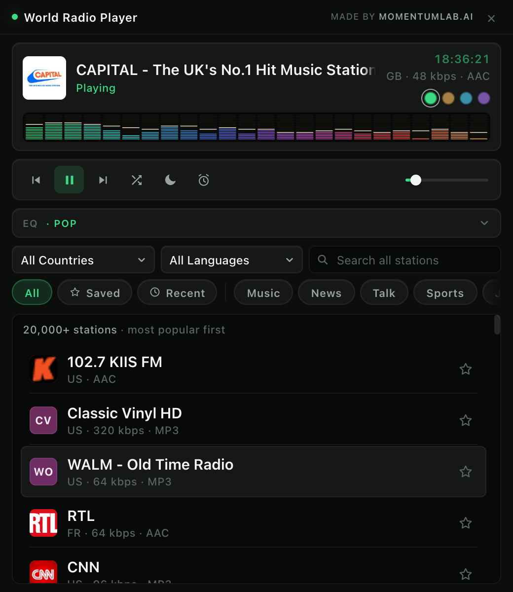 A recording of the World Radio player running: a station playing on the dark deck with the LED spectrum wall moving to the audio, the station list scrolling, and the deck finish switching from green to amber and back.